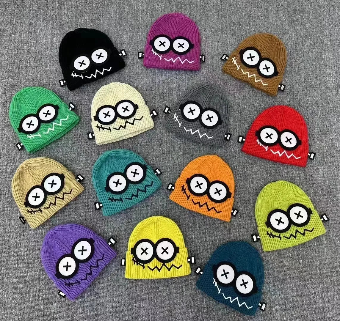 Kpop Cute Cartoon Cuff Beanie Cap Women's Candy Color Big Eyes Smile Skullies Hat Fashion Streetwear Student Warm Winter Knitted