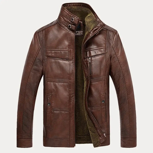 Brown Leather Jacket Thicken Fleece Lined Men Stand Collar Slim Leather Jacket Motorcycle PU Jacket Biker Jacket Men's Clothing