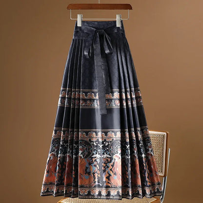 Maxi Chinese Style Horse Face Skirts Women Hanfu Vintage Harajuku Saia Casual Long Print Pleated Skirt Woman Clothing Faldas