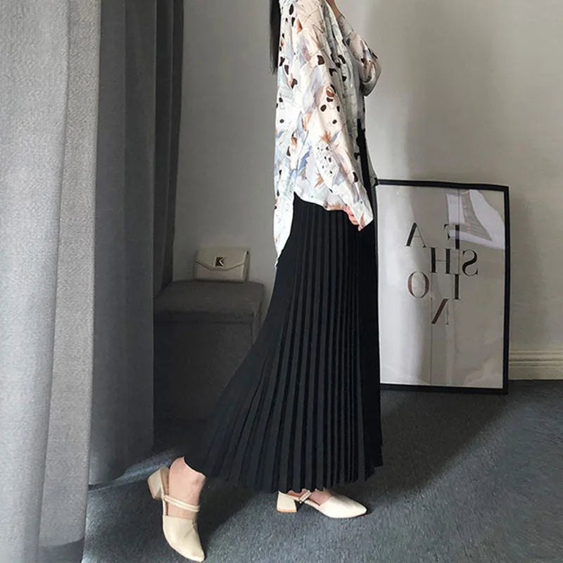 Spring Autumn Women's Pleated Skirts Korean Fashion High Waist Office Lady Long Skirt New Solid Color All-Match A-Line Skirts