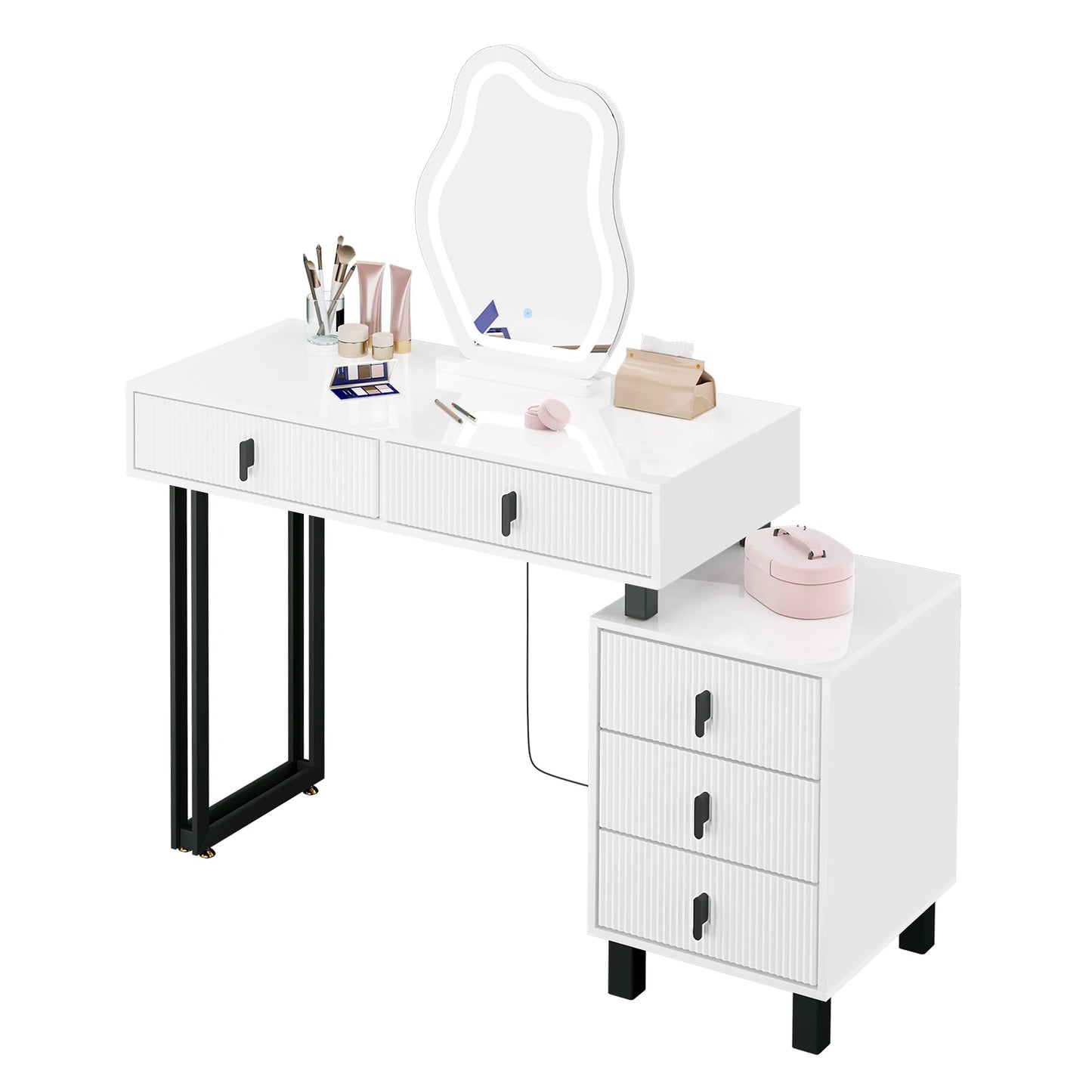 WOLTU Dresser Vanity Dressing Table with Lighting Adjustable Brightness Irregular Mirror 5 Drawers Side Shelf Makeup Desk