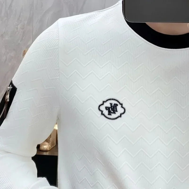 Spring Autumn High Quality Luxury Men's Round Neck T-shirt Male Clothes TrendSlim Long Sleeve Jacquard Pullovers Tops for Men