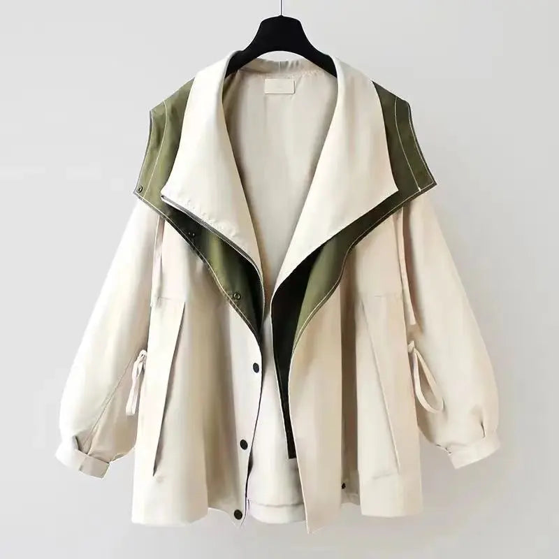 Autumn Chic Women's Windbreaker Contrast Fake Two-Piece Zip Button Wind Coat Belt Hoodie Casual All-Match Trend Outwear Jacket