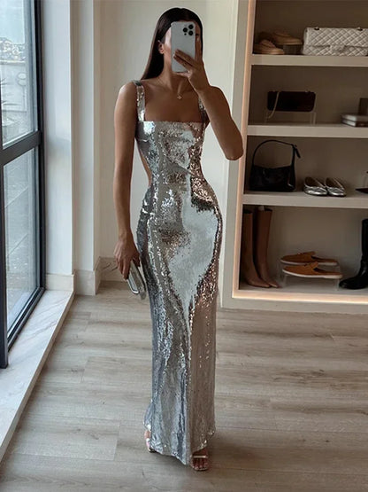 Sequins Sexy Backless Slip Maxi Dress Women Silver Sleeveless Slim Hip Package Evening Party Dresses 2024 Summer Club Robe