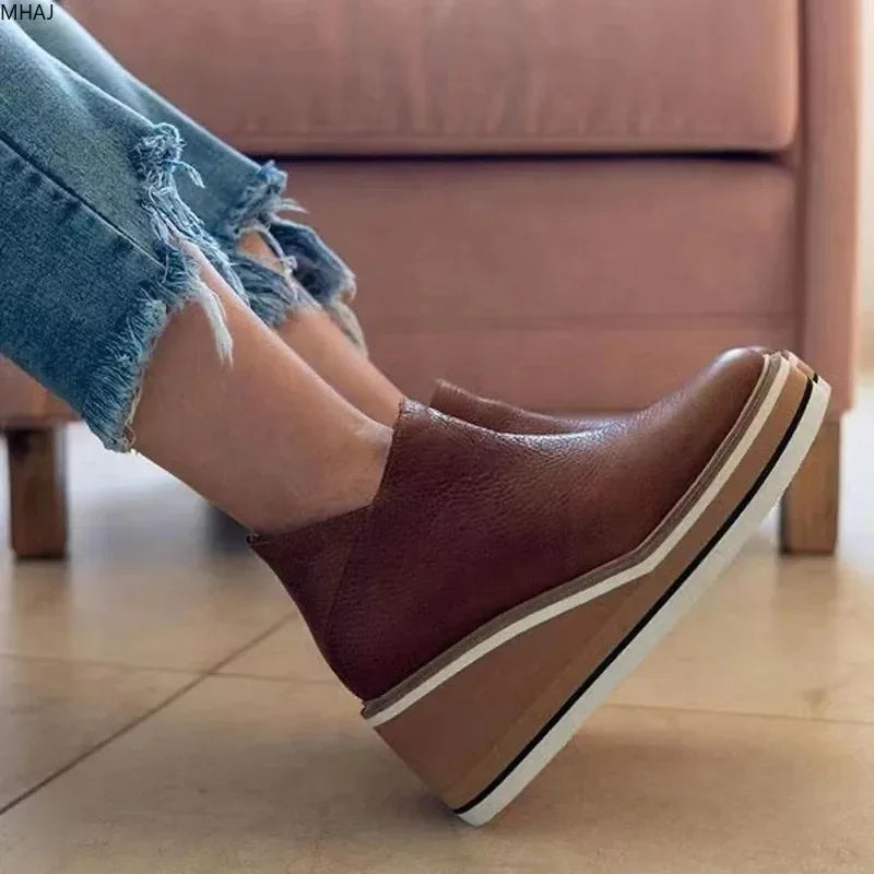 Shoes for Women 2024 Fashion Boots Zip Women's Round Head High Heels Autumn Winter Cowboy Wedge Shoes Ladies Botas De Mujer