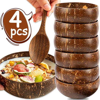 550/400/300Ml Natural Coconut Bowl Dinner Set Handmade Wooden Tableware Wood Spoon Dessert Fruit Salad Mixing Rice Ramen Bowl