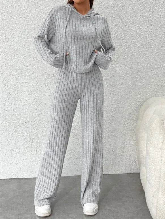 Spring Autumn Women's New Solid Color Casual Knitted Striped Hooded Sweatshirt Loose Long Sleeved Long Pants Two-piece Set