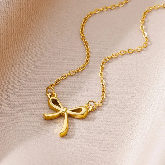 Stainless Steel Bowknot Lucky Necklace For Women Gold Color Korean Necklaces Female Aesthetic Choker Jewelry Daily Accessories