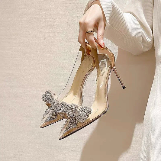 2024 Spring Autumn Shiny Thin High-heeled Shoes Women Pumps Pointed Rhinestone Bow Champagne/Silver Stiletto Bridal Wedding Shoe