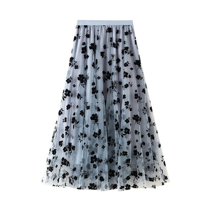 New 2024 Fashion Elegant Floral Summer Tulle Skirt Womens Spring Summer High Waist Pleated Skirts Ladies Blue Maxi Skirt Female