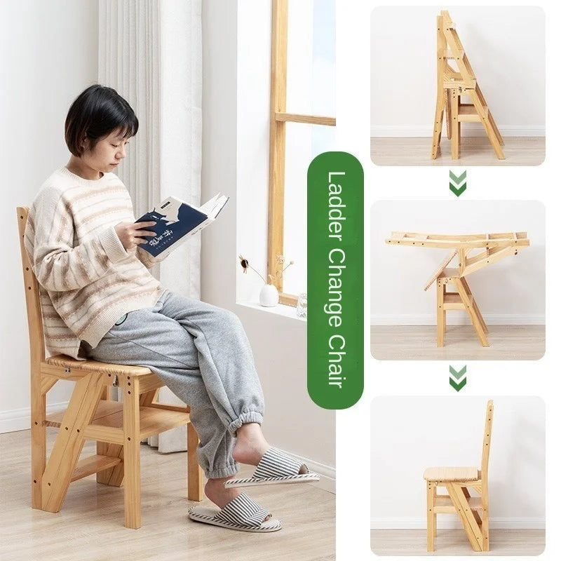 XD Solid Wood Ladder Stool Folding Leisure Chair For Home Use Thickened Indoor Living Room Dual-use Ladder Multifunctional Chair