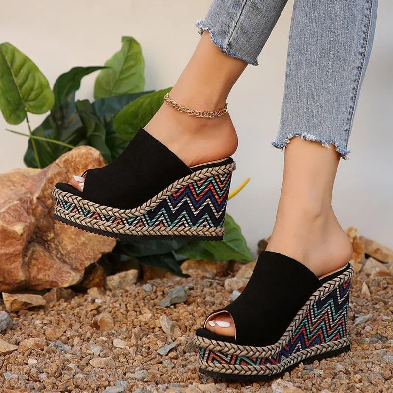 2024 Summer New European and American Fashion Simple Ethnic Style Slope Heel Sandals with One Button High Heel Women's Shoes