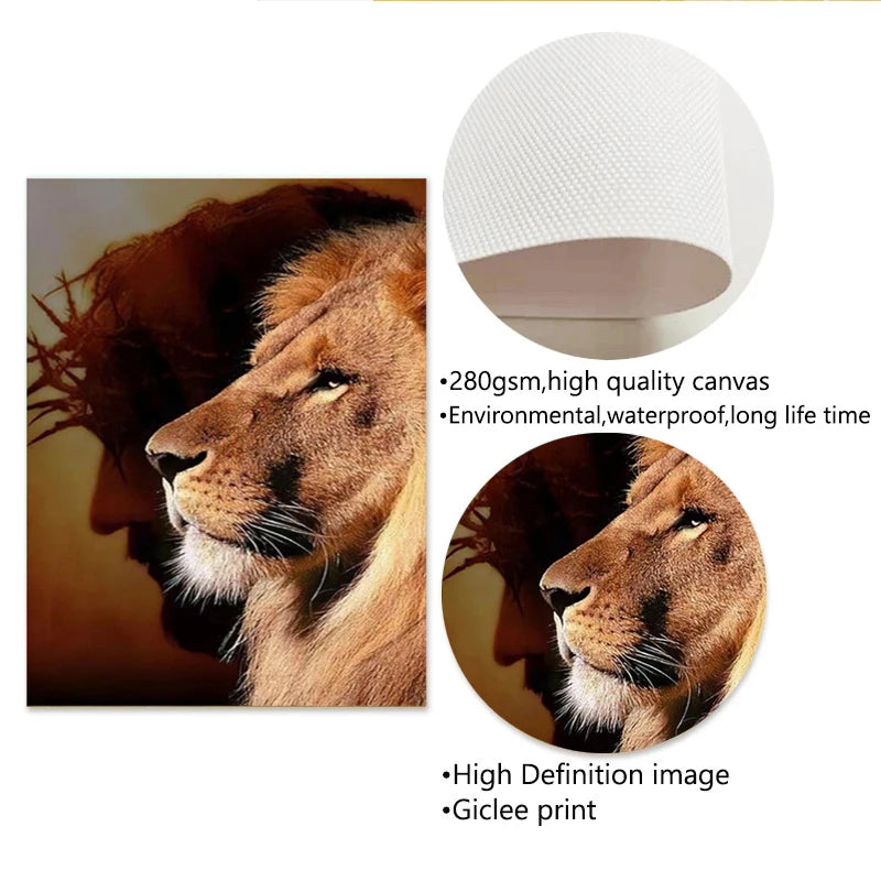 Lion and Jesus Canvas Painting Poster Prints Religion Christianity Wall Art Pictures for Living Room Bedroom Home Decoration