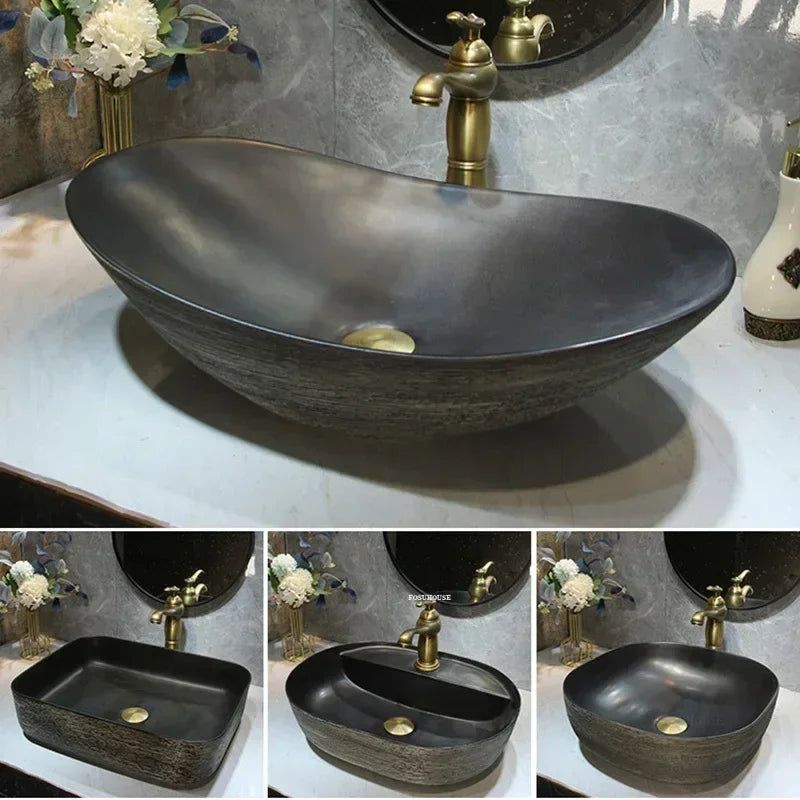 Creative Bathroom Sink Art Ceramic Wash Basin Simple Above Counter Basin Black Retro Home Small Single Basin Bathroom Fixtures P