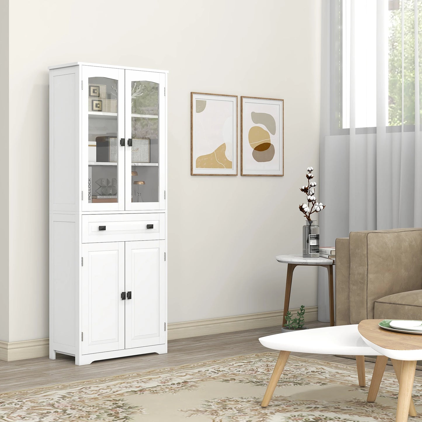 HOMCOM kitchen cupboard dining room sideboard auxiliary furniture with 4 doors 1 drawer and 2 adjustable living room shelves 60x30x160 cm White