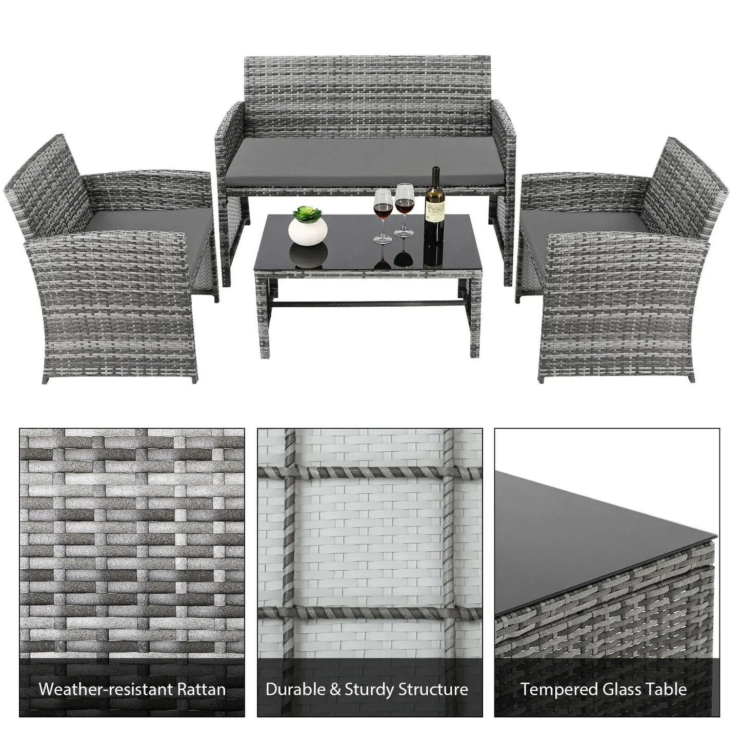 4Pcs Rattan Garden Furniture Set Garden Sofa Set Outdoor Table and Chairs, 3-Sofa, 1 Glass Table Patio Furniture Set