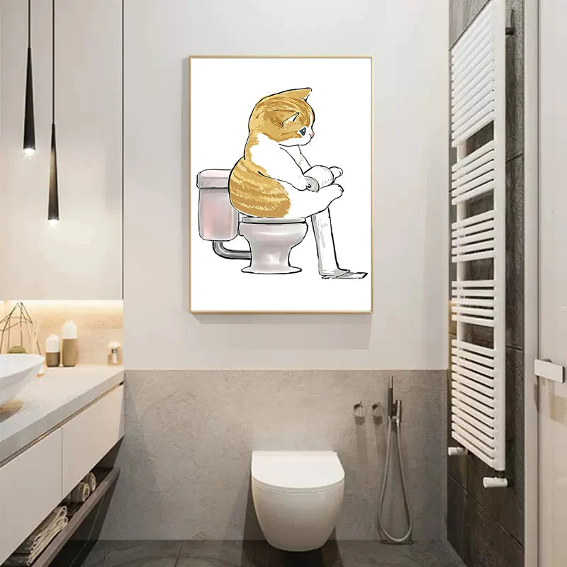 Toilet Cat Playing Mobile Phone Paper Poster Simple Pet Prints Canvas Painting Wall Art Pictures Home Bathroom Room Decoration