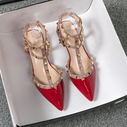 Summer high-heeled women's sandals Fashion brand design pointed rivet red casual shoes Large size 41-43