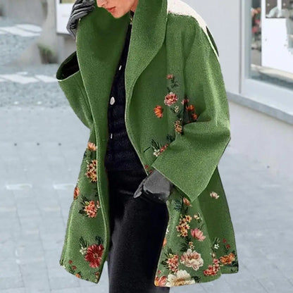 2023 Winter Women Elegant Blend Wool Coat Autumn Street Lady Long Cardigan Coats Fashion Floral Print Pocket Long Sleeve Jacket