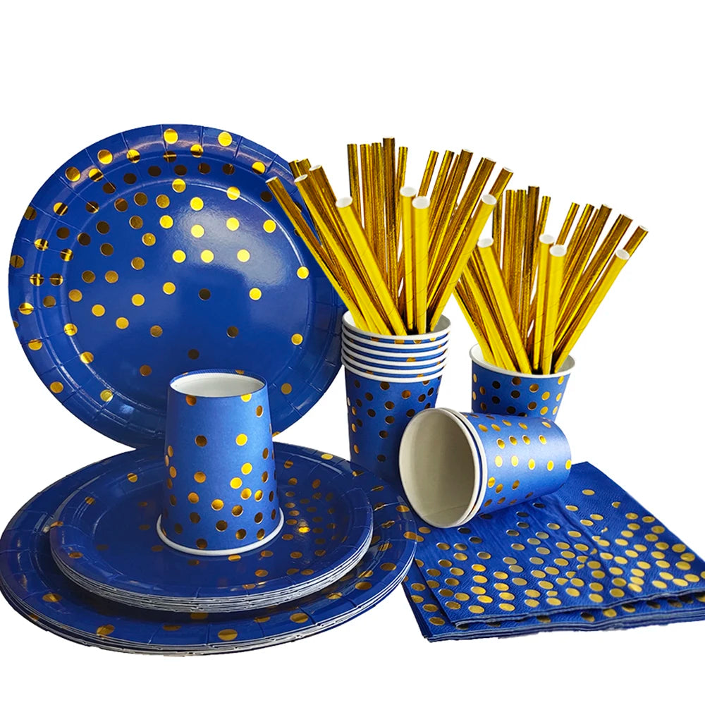 Blue Disposable Tableware Set Navy Blue Paper Plate Cups Tablecloth Straws Wedding Birthday Baby Shower Party Decorations