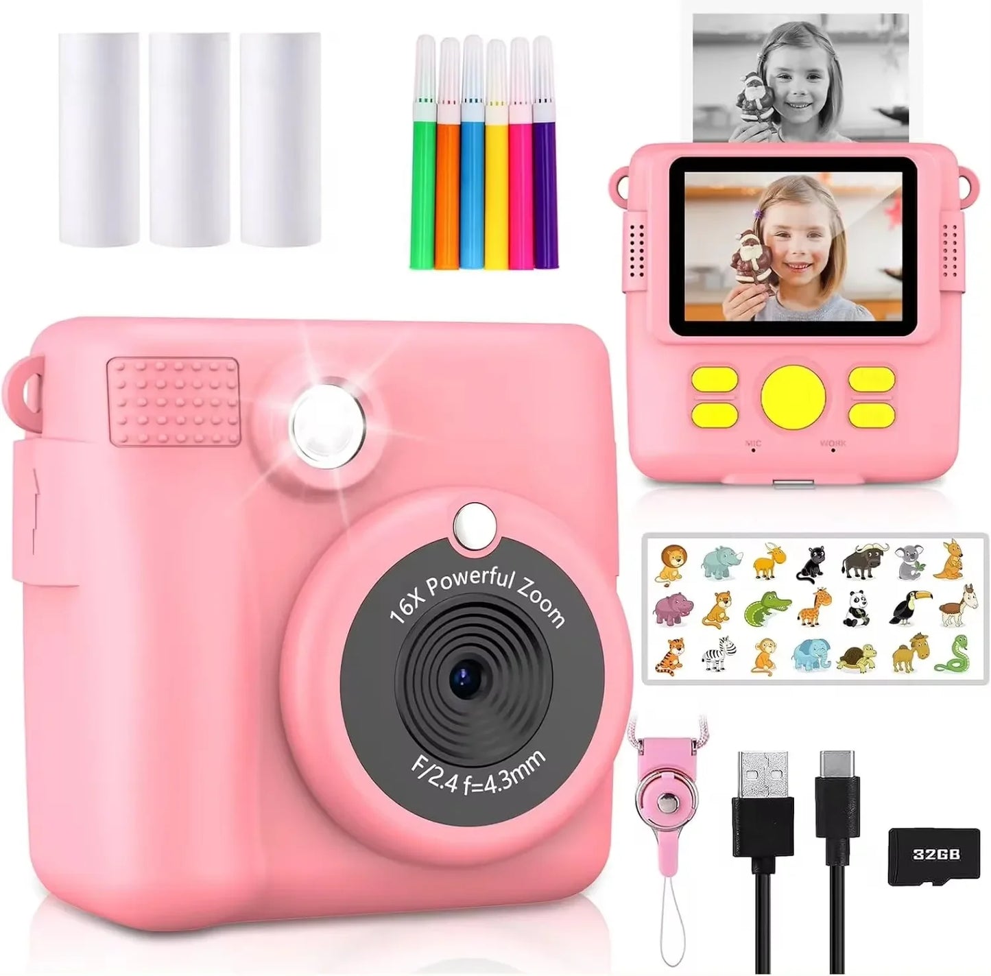 Mini Instant Camera for Boys and Girls, Portable Rechargeable Children's Digital Camera, HD Kids Camera with 32GB Memory Card