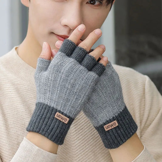 Men Winter Fingerless Half Finger Knitted Gloves Office Knitted Warm Exposed Finger Thick Gloves Elastic Driving Gloves