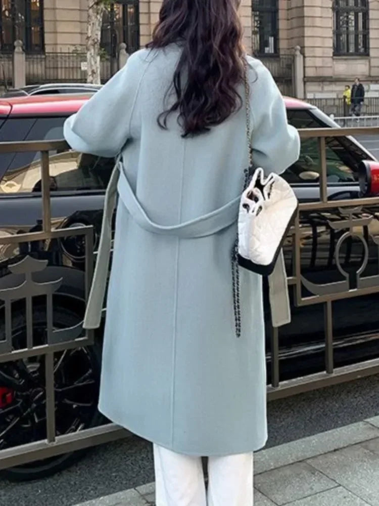 Korean Fashion Women Casual Loose Woolen Coat Elegant and Chic Solid Outerwear Long Overcoat with Belted Female Warm Cloak