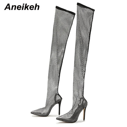 Aneikeh Sexy Bling Rhinestone Mesh Shoes Over The Knee Boots Women Pointed Toe Sandals Nightclub High Heels Botas Femininas 2024