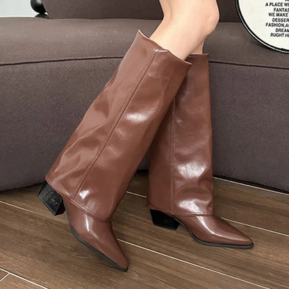 Chunk Leather High Boots Women Knee High Pointer Toe Heels Shoes Woman Trend Chelsea Boots New Pumps Mujer Snow Gladiator Botas