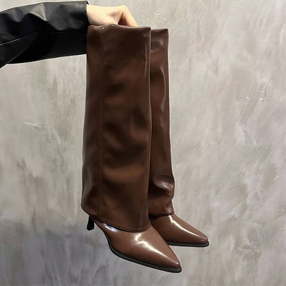 Chunk Leather High Boots Women Knee High Pointer Toe Heels Shoes Woman Trend Chelsea Boots New Pumps Mujer Snow Gladiator Botas