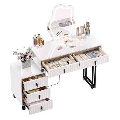 WOLTU Dresser Vanity Dressing Table with Lighting Adjustable Brightness Irregular Mirror 5 Drawers Side Shelf Makeup Desk