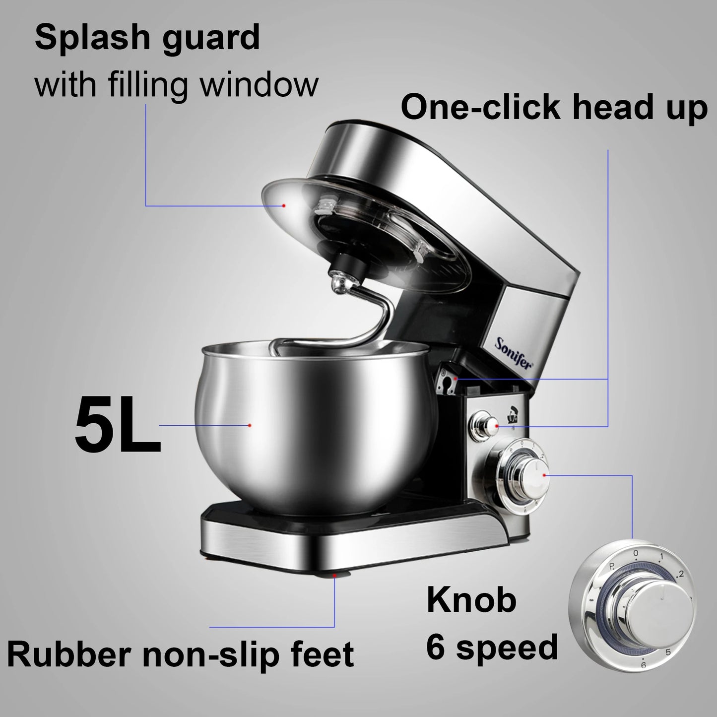 5L Stand Mixer Kitchen Aid Food Blender Cream Whisk Cake Dough Mixers With Bowl Stainless Steel Chef Machine Charm Sonifer