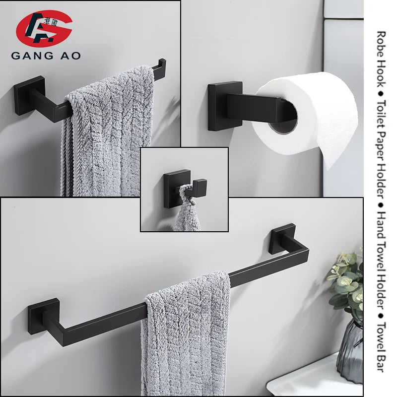 Bathroom Hardware Set Accessories Matt Black Shelf Robe Hook Hanger Towel Rail Bar Rack Tissue Paper Holder Stainless Steel