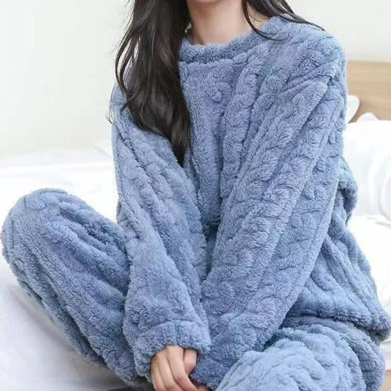 Women Warm 2 Piece Sets Thicken Velvet Ribbed Fleece Set Pullover and Pants Casual Pajama Sets Women Autumn Winter 2023