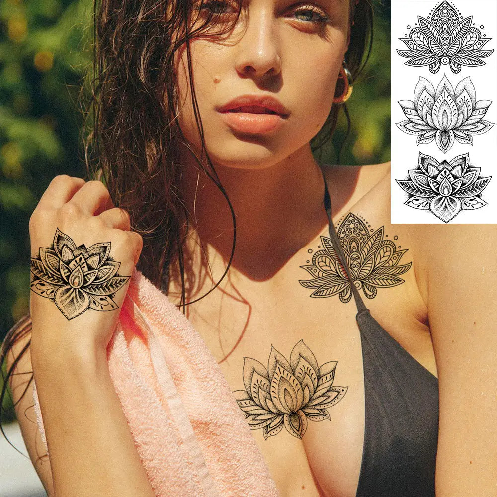 10 Sheets Black Henna Temporary Tattoos For Women Girl Arm Tattoo Fake Mandala Flower Tribal Animals Tattoo Sticker Dreamcatcher