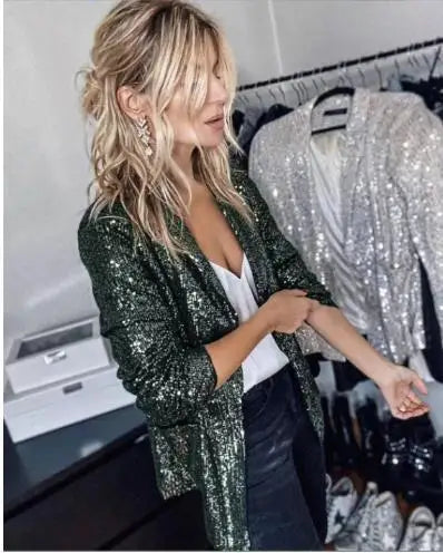 New Fashion Sequins Blazers Women's Suit Jacket Casual Long Sleeve Glitter Suits Party Wear Shiny Lapel Coat Rave Outerwear