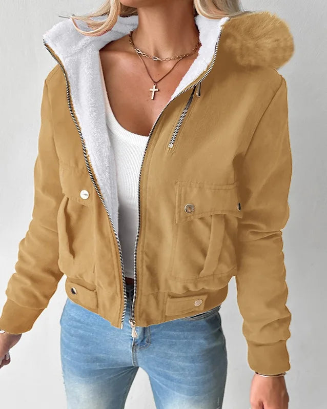 Fashion Coat Women Streetwear 2024 Autumn/Winter Versatile Casual Zipper Thickened Long Sleeves Hooded Short Jacket for Female