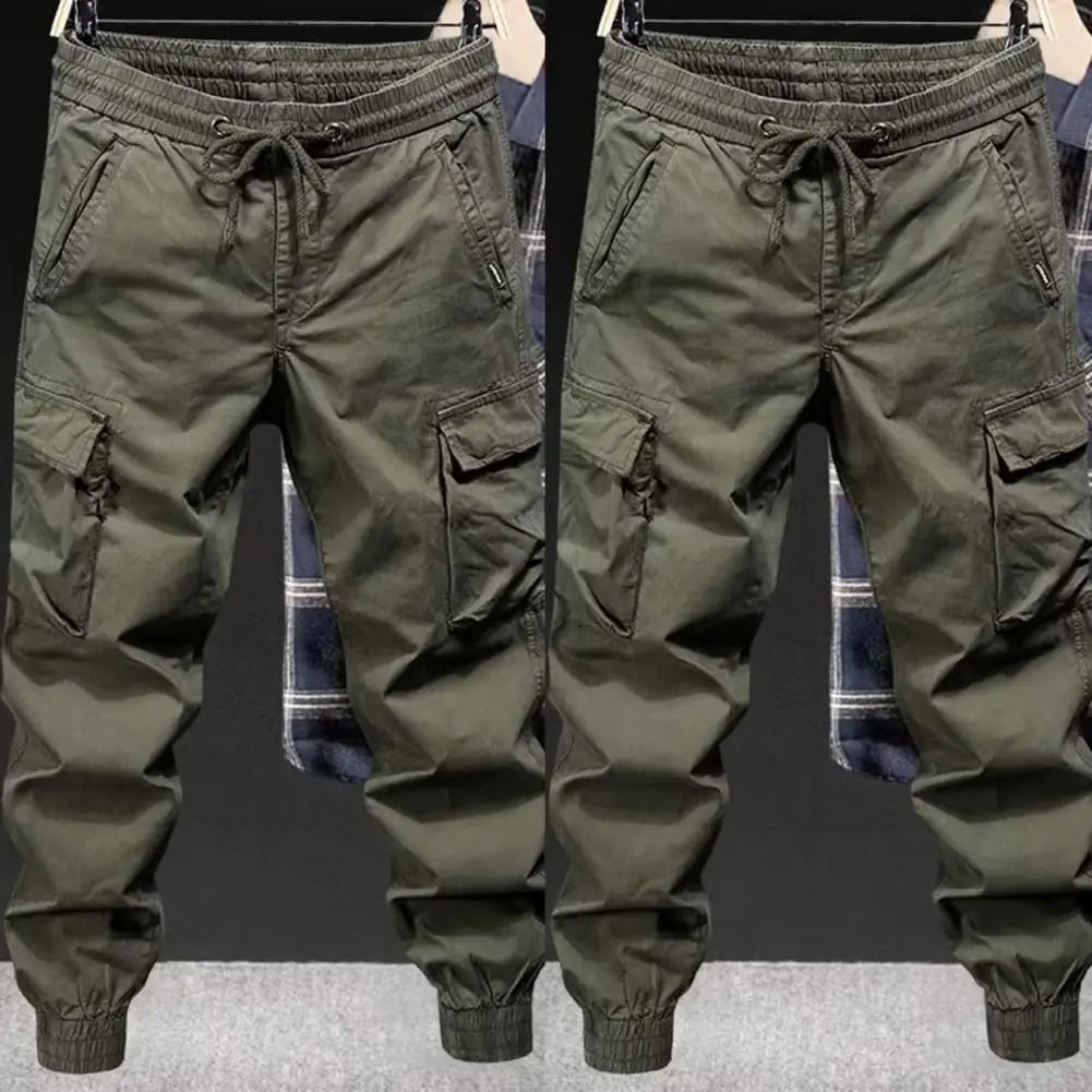 Loose Pants Men's Drawstring Cargo Pants with Elastic Waist Multi Pockets Soft Breathable Streetwear Trousers for Daily Sports