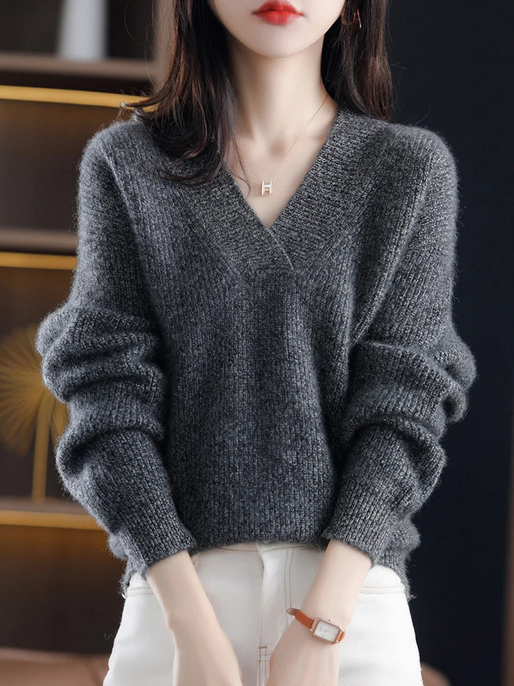 Women's Solid Loose Knit Sweater Base V-neck Pullover Autumn Winter Jumpers Knitwear Soft Warm Chic Femme Sweater Casual Tops