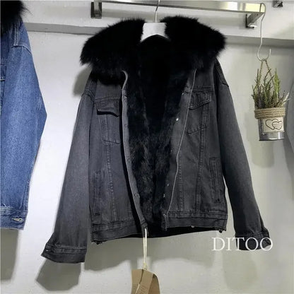 Women Denim Cost Single Breasted Button Jackets Fleece Patchwork Cardigan Pockets Outerwear Casual Warm Solid Loose Fit