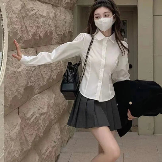 Xpqbb Women's White Shirt Korean Preppy Style Long Sleeve Turndown Collar Blouse School Girl Uniform Student Slim Shirts 2024