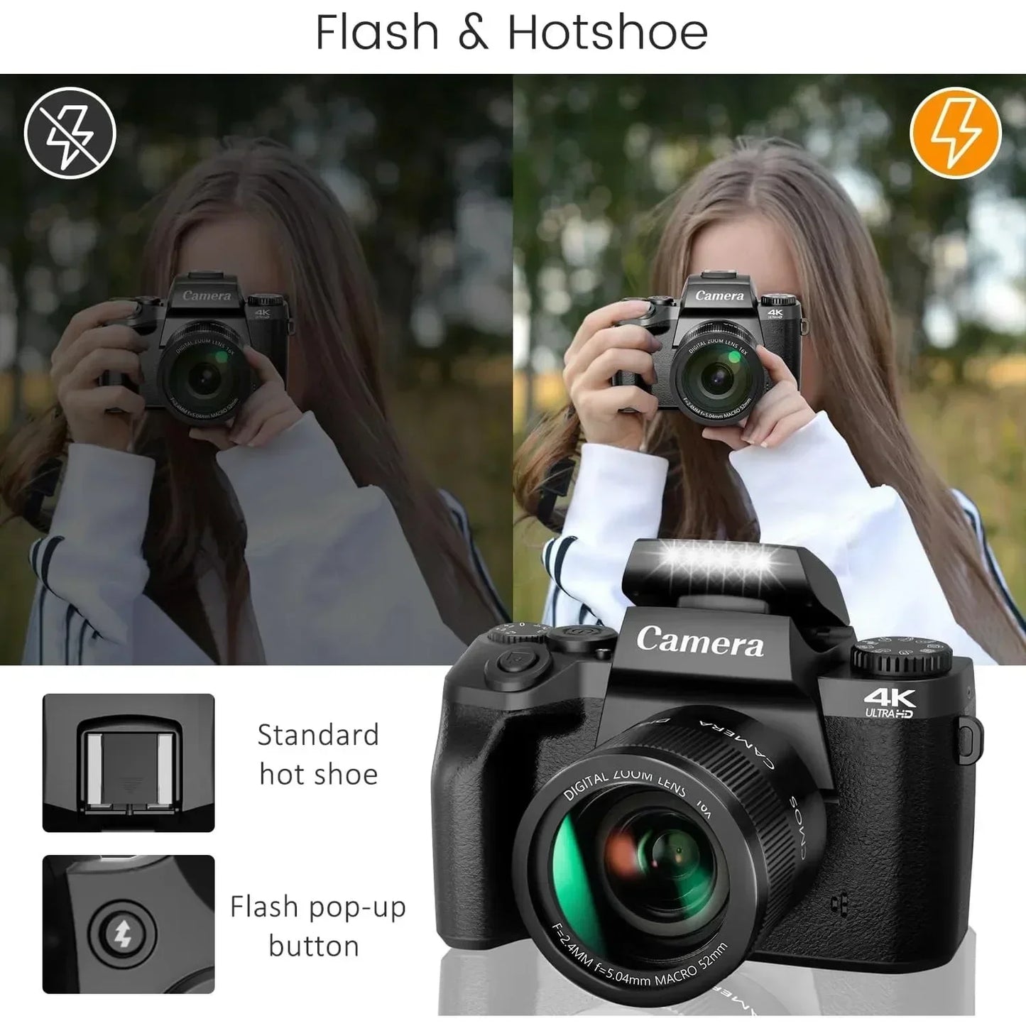 4K DSLR Cameras for Photography 64MP WiFi Auto Focus YouTube Vlogging Video Cameras 60FPS Livestream Camcorder 4" Touch Screen