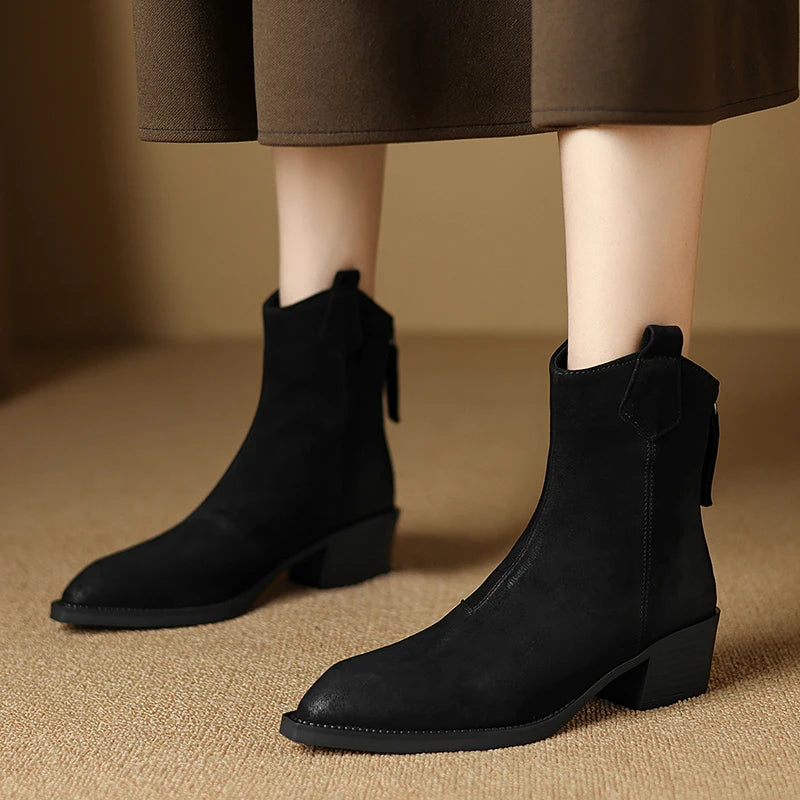 NEW Autumn Women Boots Pointed Toe Chunky Heel Shoes Genuine Leather Shoes for Women Concise Zipper Ankle Boots Western Boots