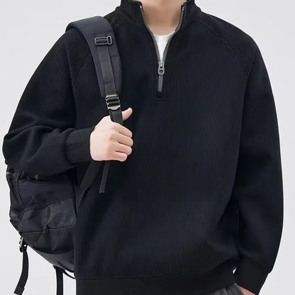 New Winter Men's Trendy Fleece-lined Sweatshirt Half-zip Ribbed Cotton Fleece Inner Layer Loose-fit Long Sleeve Pullover