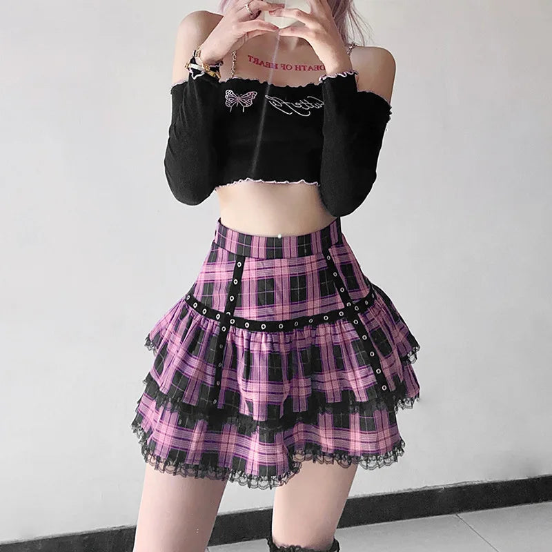 FICHOR Mall Goth Gothic Lace Ruffle Mini Skirts Womens Harajuku Fairy Grunge Pink Plaid Pleated Skirt Japanese Lolita Streetwear