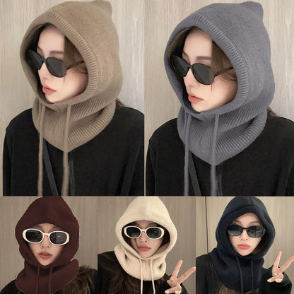 Balaclava Hats Women Knitted Hooded Caps Winter Korean Style Outdoor Warmer Drawstring Hats One-piece Neck Collar Beanies Cap