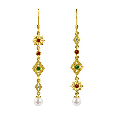 Luxury Designer Gemstone Ruby Emerald Pearl Ear Drop Dangle Tassel Earring 18K Gold Plated Chic Bracelet Jewelry Set For Women