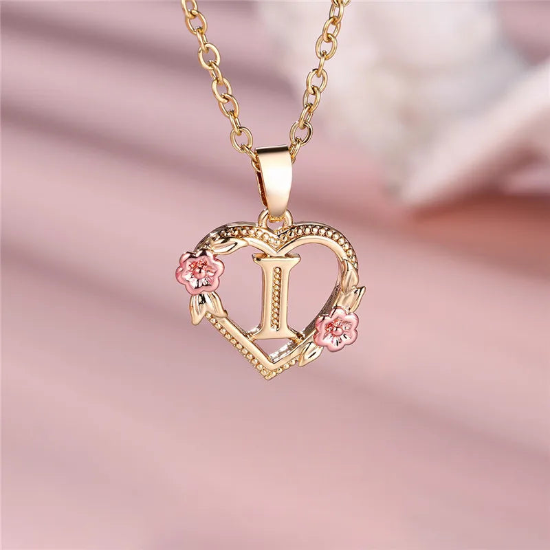 Female A-Z Letter Flower Pendant Necklace Yellow Gold Color Wedding Jewelry Gift For Women