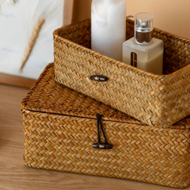 Seaweed Organizers Storage Basket Hand-woven Storage Box Sundries Organizer Cosmetic Toy Basket with Lid Clothes Container