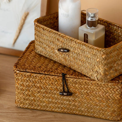 Seaweed Organizers Storage Basket Hand-woven Storage Box Sundries Organizer Cosmetic Toy Basket with Lid Clothes Container